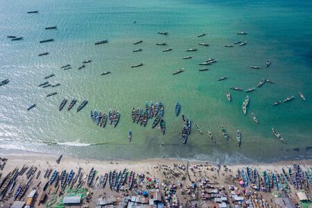 Aerial view of fishing village of Tanji. The Gambia. West Africa. Photo made by drone from above.の写真素材