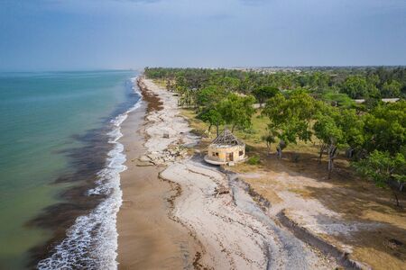 Aerial view of Atlantic coast near Palmarin. Saloum Delta National Park, Joal Fadiout, Senegal. Africa. Photo made by drone from above.の写真素材