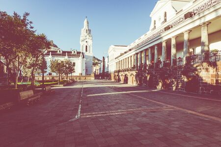 QUITO, ECUADOR - FEBRUARY 07, 2020: Plaza Grande and Metropolitan Cathedral, historic colonial...