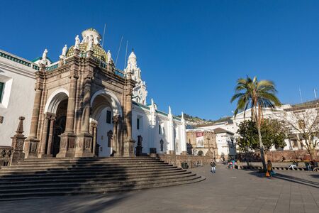 QUITO, ECUADOR - FEBRUARY 07, 2020: Plaza Grande and Metropolitan Cathedral, historic colonial downtown of Quito, Ecuador. South America.のeditorial素材