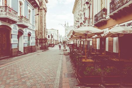 QUITO, ECUADOR - FEBRUARY 07, 2020: The main pedestrian street at historic colonial downtown of Quito, Ecuador. South America.のeditorial素材