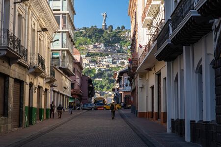 QUITO, ECUADOR - FEBRUARY 07, 2020: The main pedestrian street at historic colonial downtown of Quito, Ecuador. South America.のeditorial素材