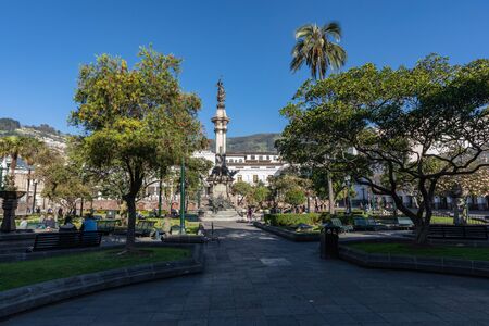 QUITO, ECUADOR - FEBRUARY 07, 2020: Plaza Grande and Metropolitan Cathedral, historic colonial downtown of Quito, Ecuador. South America.のeditorial素材