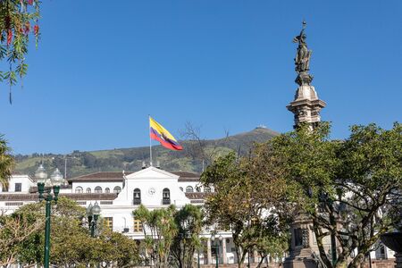 QUITO, ECUADOR - FEBRUARY 07, 2020: Plaza Grande and Metropolitan Cathedral, historic colonial downtown of Quito, Ecuador. South America.のeditorial素材