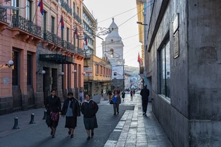 QUITO, ECUADOR - FEBRUARY 07, 2020: The main pedestrian street at historic colonial downtown of Quito, Ecuador. South America.のeditorial素材