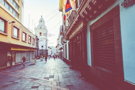 QUITO, ECUADOR - FEBRUARY 07, 2020: The main pedestrian street at historic colonial downtown of Quito, Ecuador. South America.のeditorial素材