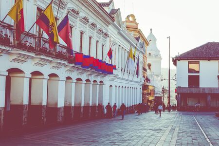 QUITO, ECUADOR - FEBRUARY 07, 2020: Plaza Grande and Metropolitan Cathedral, historic colonial downtown of Quito, Ecuador. South America.のeditorial素材