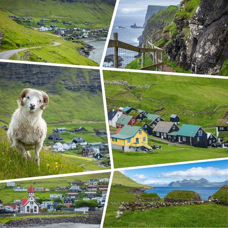 Collage of popular tourist destinations in Faroes Islands.  Travel background. Faroe Islands. Denmark. Europe.の写真素材