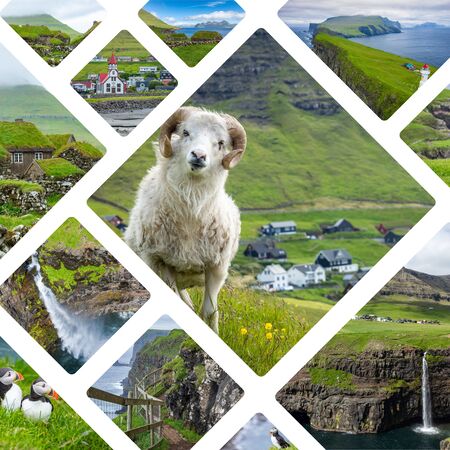 Collage of popular tourist destinations in Faroes Islands.  Travel background. Faroe Islands. Denmark. Europe.の写真素材