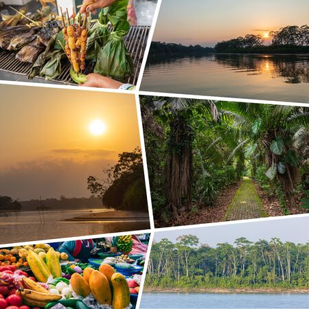 Collage of popular tourist destinations in Ecuador. Travel background. South America.