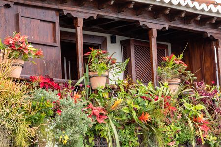 Famous ancient colorful balconies decorated with flowers. Santa Cruz - capital city of the island of La Palma, Canary Islands, Spain.の写真素材
