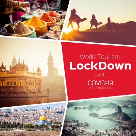 Collage Coronavirus Covid-19 World epidemic. Quarantine. World Tourism Lockdown. World Travel Destination. Travel Restrictions.の写真素材