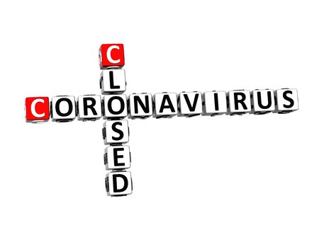 Closed Coronavirus COVID-19. 3D red-white crossword puzzle on white background. Corona Virus Creative Words.の写真素材