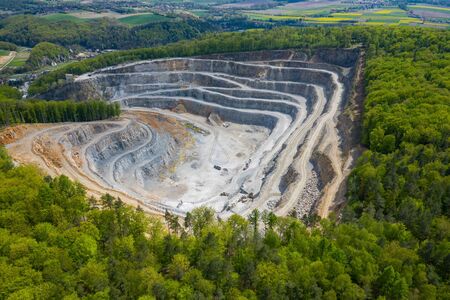 Mining from above. Industrial terraces on open pit  mineral mine. Aerial view of opencast mining....