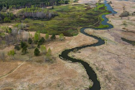 Aerial view of the Warta river with many meanders. Jura region near Czestochowa. Silesian Voivodeship. Poland.の写真素材