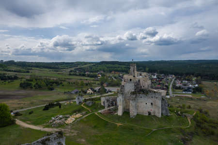 Aerial view of Mirow Castle, Eagles Nests trail. Medieval fortress in the Jura region near Czestochowa.  Silesian Voivodeship. Poland.のeditorial素材