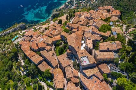 Aerial view of medieval village of Eze, on the Mediterranean coastline landscape and mountains, French Riviera coast, Cote d'Azur. France.の写真素材