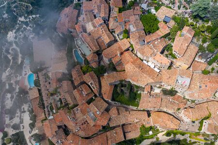 Aerial view of medieval village of Eze, on the Mediterranean coastline landscape and mountains, French Riviera coast, Cote d'Azur. France.の写真素材