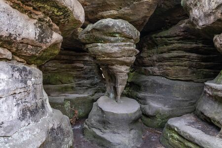 Stolowe Mountains National Park. Wooden boardwalk in Rock Labyrinth hiking trail Bledne Skaly near...