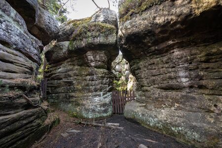 Stolowe Mountains National Park. Wooden boardwalk in Rock Labyrinth hiking trail Bledne Skaly near Kudowa-Zdroj, Lower Silesia, Poland.の写真素材