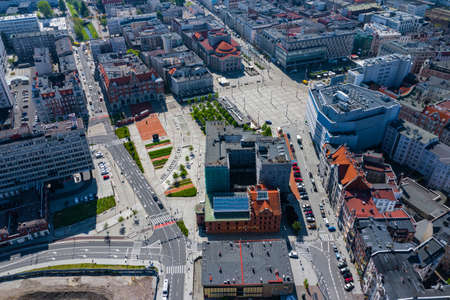 KATOWICE, POLAND - MAY 27, 2020: Aerial photo of modern city center of Katowice, Upper Silesia. Poland.のeditorial素材