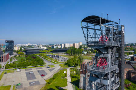 KATOWICE, POLAND - MAY 27, 2020: The modern buildings of Silesian Museum accompanied by a shaft of the former coal mine "Katowice", now adapted as an observation tower.のeditorial素材