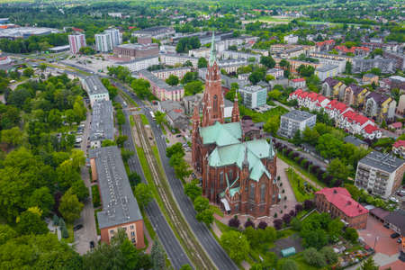 DABROWA GORNICZA, POLAND - JUNE 02, 2020: Aerial view of city center of Dabrowa Gornicza. Church of Our Lady of the Angels Lady DÄbrowa GÃ³rnicza and Mother of the Basin. Upper Silesia. Poland.のeditorial素材