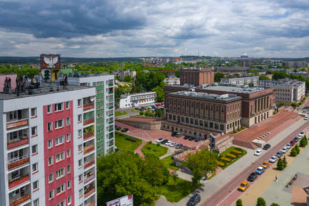 DABROWA GORNICZA, POLAND - JUNE 02, 2020: Aerial view of city center of Dabrowa Gornicza. Zaglebie...