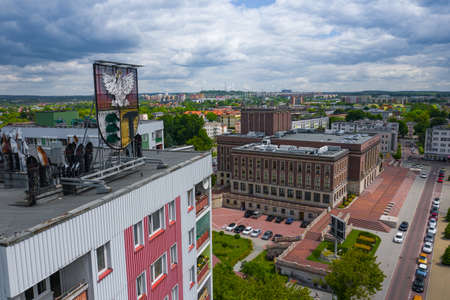 DABROWA GORNICZA, POLAND - JUNE 02, 2020: Aerial view of city center of Dabrowa Gornicza. Zaglebie Palace of Culture. Upper Silesia. Poland.のeditorial素材