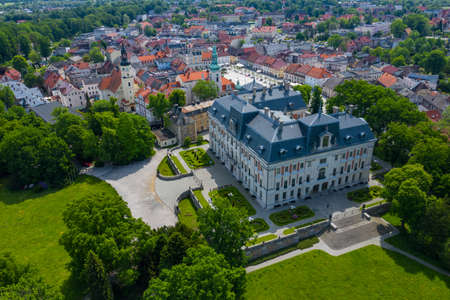 PSZCZYNA, POLAND - JUNE 04, 2020: Aerial view of  antique neo-baroque palace in Pszczyna. Upper Silesia, Poland.のeditorial素材