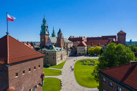 KRAKOW, POLAND -JUNE 06, 2020: Krakow. Aerial View of Royal Wawel Castle and Gothic Cathedral. Vistula River. Historic center from above. Cracow, Poland.のeditorial素材