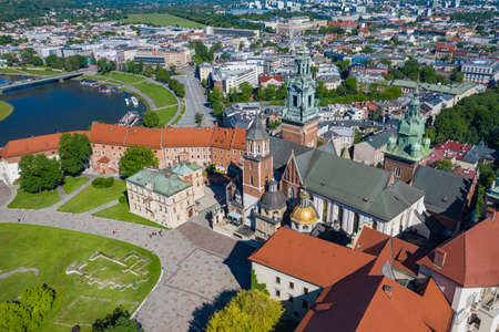 Krakow. Aerial View of Royal Wawel Castle and Gothic Cathedral. Vistula River. Historic center from above. Cracow, Poland.のeditorial素材