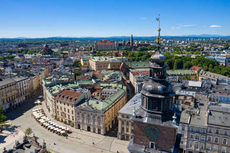 Krakow Old Town Aerial View. Main Market Square (Rynek), old cloth hall (Sukiennice), Church of St. Adalbert or St. Wojciech. Cracow, Poland.のeditorial素材
