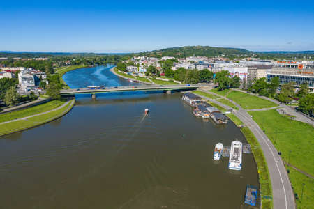 Aerial view of Vistula river in Cracow, Poland.