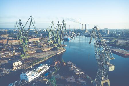 Gdansk Harbor Aerial View. Cranes at the famous shipyard of Gdansk, Pomerania, Poland.の写真素材