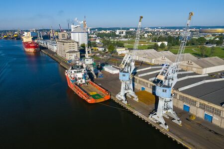 Gdansk Harbor Aerial View. Cranes at the famous shipyard of Gdansk, Pomerania, Poland.