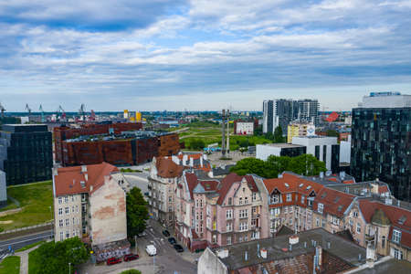 GDANSK, POLAND - JUNE 17, 2020: Aerial view of European Solidarity Center and the monument to the Fallen Shipyard Workers of 1970 with three crosses. Tricity, Pomerania, Poland.のeditorial素材