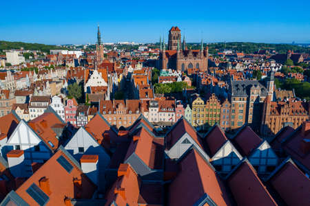 GDANSK, POLAND - JUNE 14, 2020: Aerial view of Old Town in Gdansk. Tricity, Pomerania, Poland.