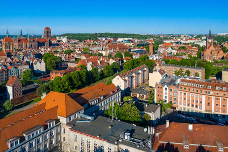 GDANSK, POLAND - JUNE 14, 2020: Aerial view of Old Town in Gdansk. Tricity, Pomerania, Poland.