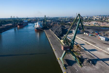 Gdansk Harbor Aerial View. Cranes at the famous shipyard of Gdansk, Pomerania, Poland.の写真素材
