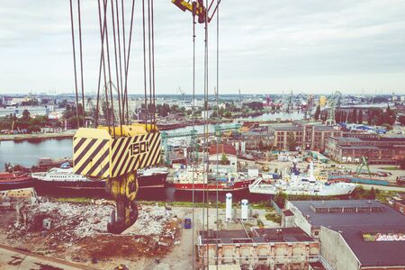 Gdansk Harbor Aerial View. Cranes at the famous shipyard of Gdansk, Pomerania, Poland.
