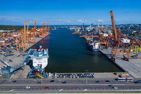 Gdynia Port Aerial View. Baltic Container Terminal in Gdynia Harbour from Above. Pomeranian Voivodeship, Poland.のeditorial素材