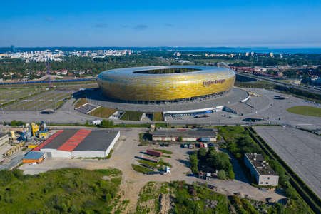 GDANSK, POLAND - JUNE 17, 2020: Aerial view of Stadium Energa, home stadium of local team Lechia Gdansk. Gdansk, Poland.のeditorial素材