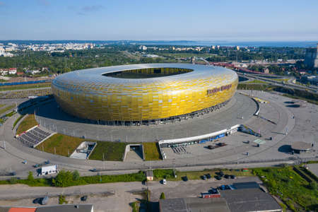 GDANSK, POLAND - JUNE 17, 2020: Aerial view of Stadium Energa, home stadium of local team Lechia Gdansk. Gdansk, Poland.のeditorial素材