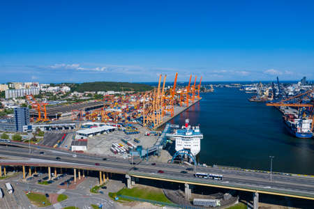 Gdynia Port Aerial View. Baltic Container Terminal in Gdynia Harbour from Above. Pomeranian Voivodeship, Poland.のeditorial素材