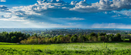 Panorama of Rzeszow City from the hill with blue cloudy skyの写真素材