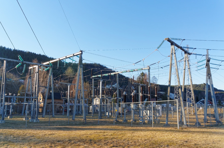 Notodden, Norway, March 21, 2015: Transmission station with transformers to convert between two...