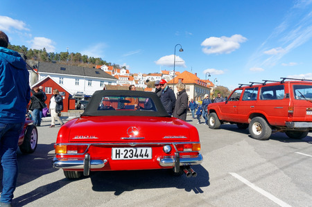 Kragero, Norway, 4 April 2015: Mercedes 280 in red at Exhibition of old cars small town on the coast...