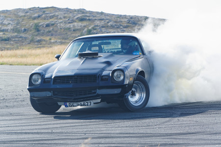 Froya Airport, Norway, 12 september 2015: Norwegian drifting car racing.  Motor sports competitions and demonstration of fast cars in Norway . Exhibition of cars with modifications for drifting. Island in the Atlantic Ocean and Norwegian fjord.のeditorial素材