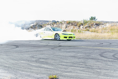 Froya Airport, Norway, 12 september 2015: Norwegian drifting car racing.  Motor sports competitions and demonstration of fast cars in Norway . Exhibition of cars with modifications for drifting. Island in the Atlantic Ocean and Norwegian fjord.のeditorial素材